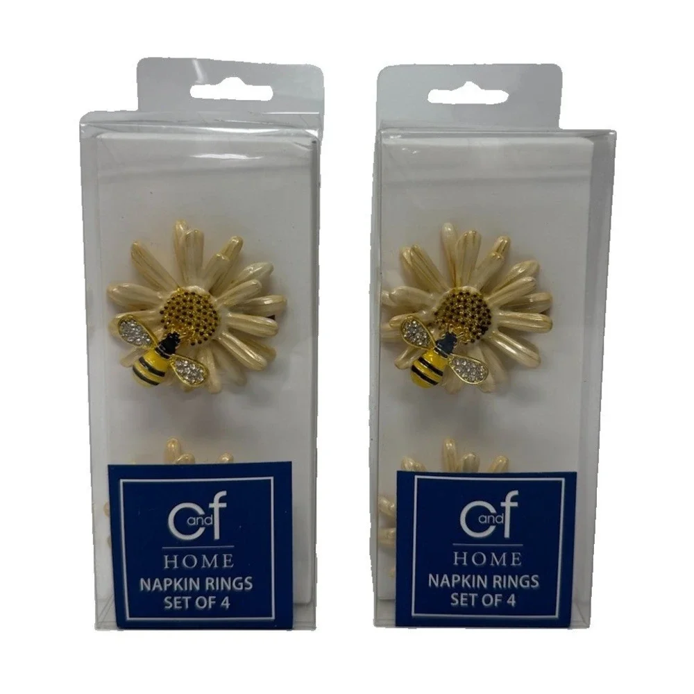 Bee Floral Style, Gold, Daisy Flower Napkin Rings Set of 8 New